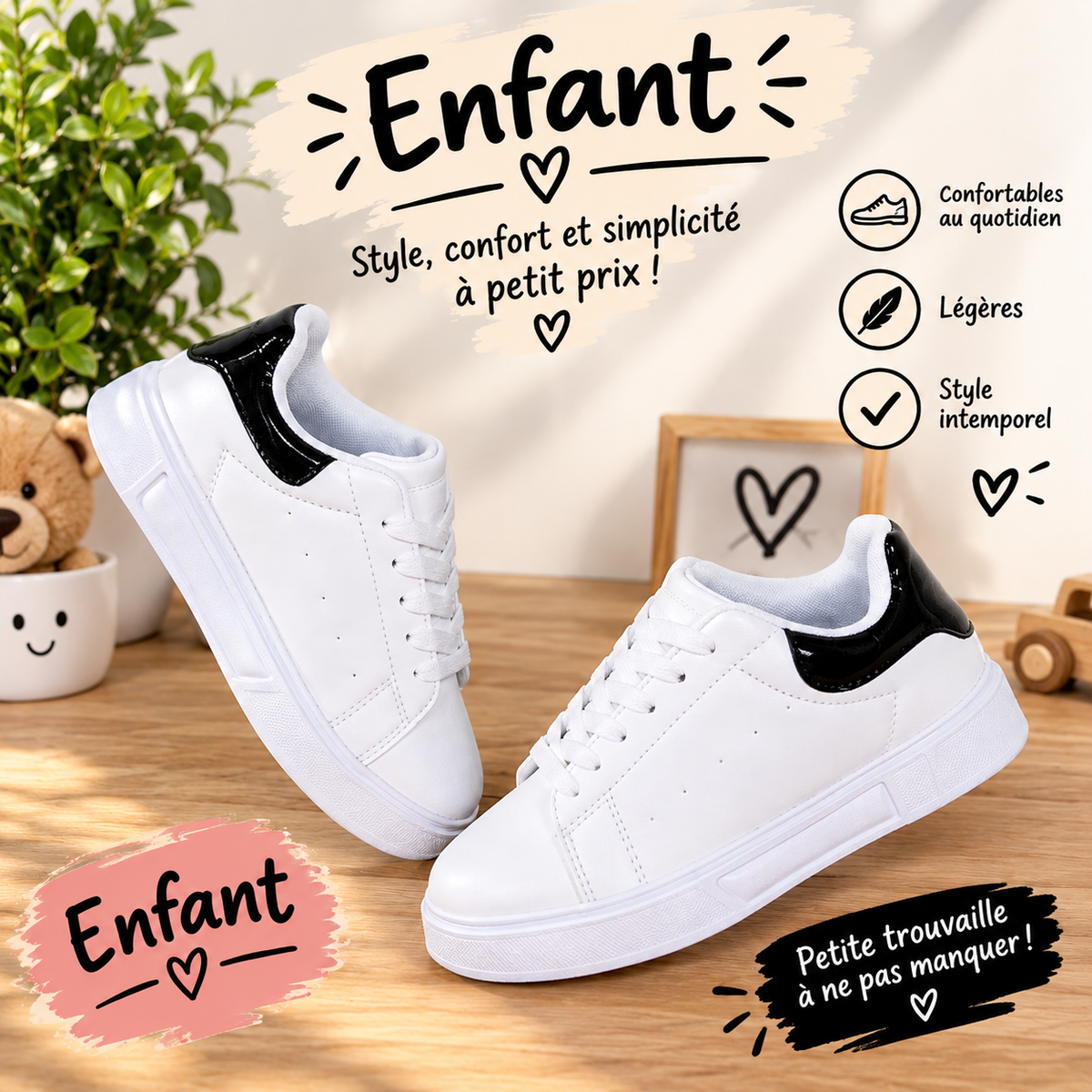 Baskets enfant blanches à détails noirs 👟🤍