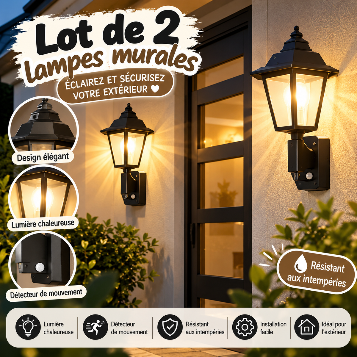 Lot de 2 lampes murales extérieures – Éclairage avec détecteur de mouvement