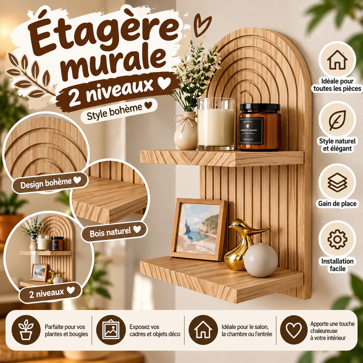 Étagère murale en bois à 2 niveaux – Style bohème
