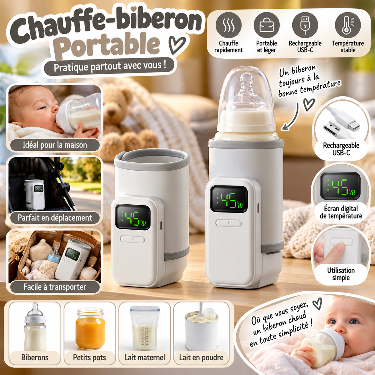 Chauffe-Biberon Portable USB Rechargeable