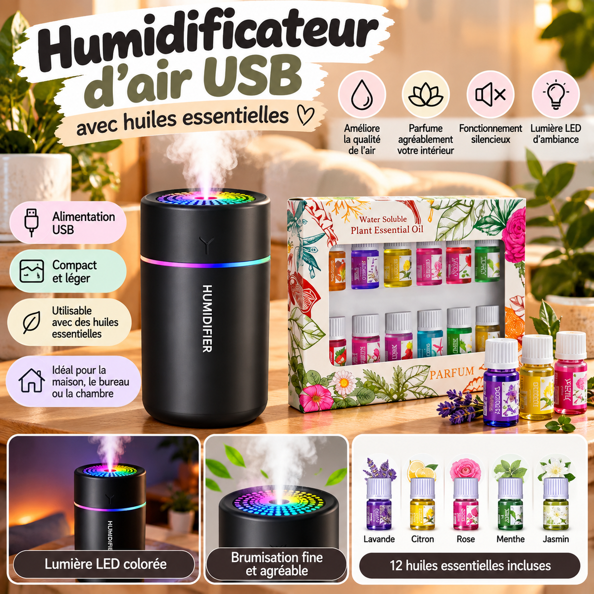 🌿 Humidificateur d’air USB avec huiles essentielles