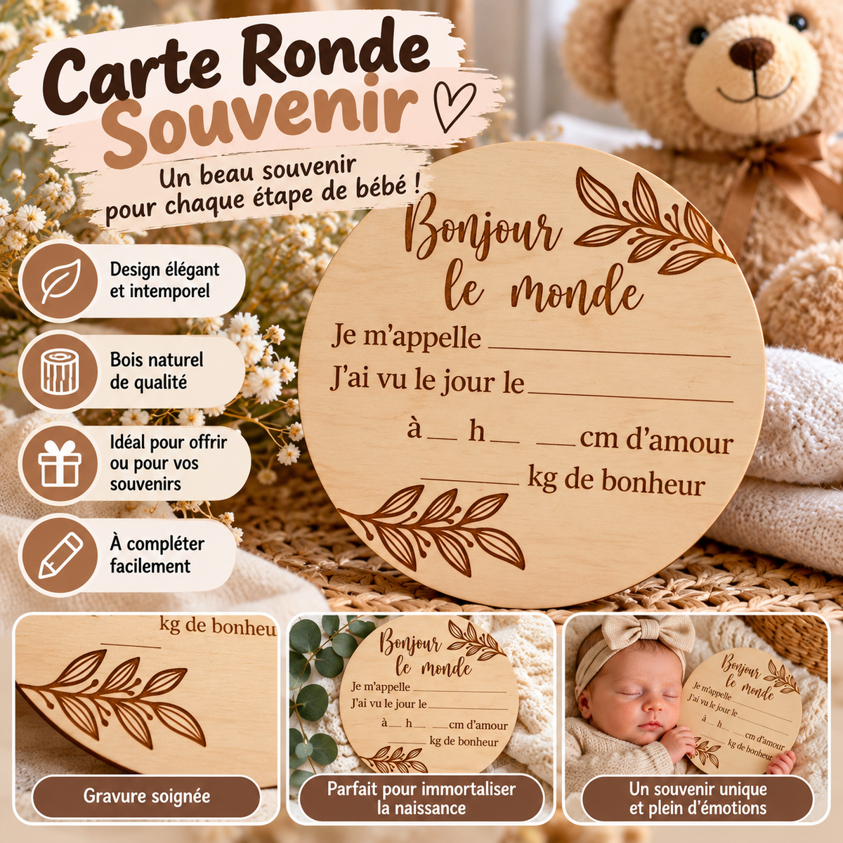 👶 Carte Souvenir de Naissance en Bois