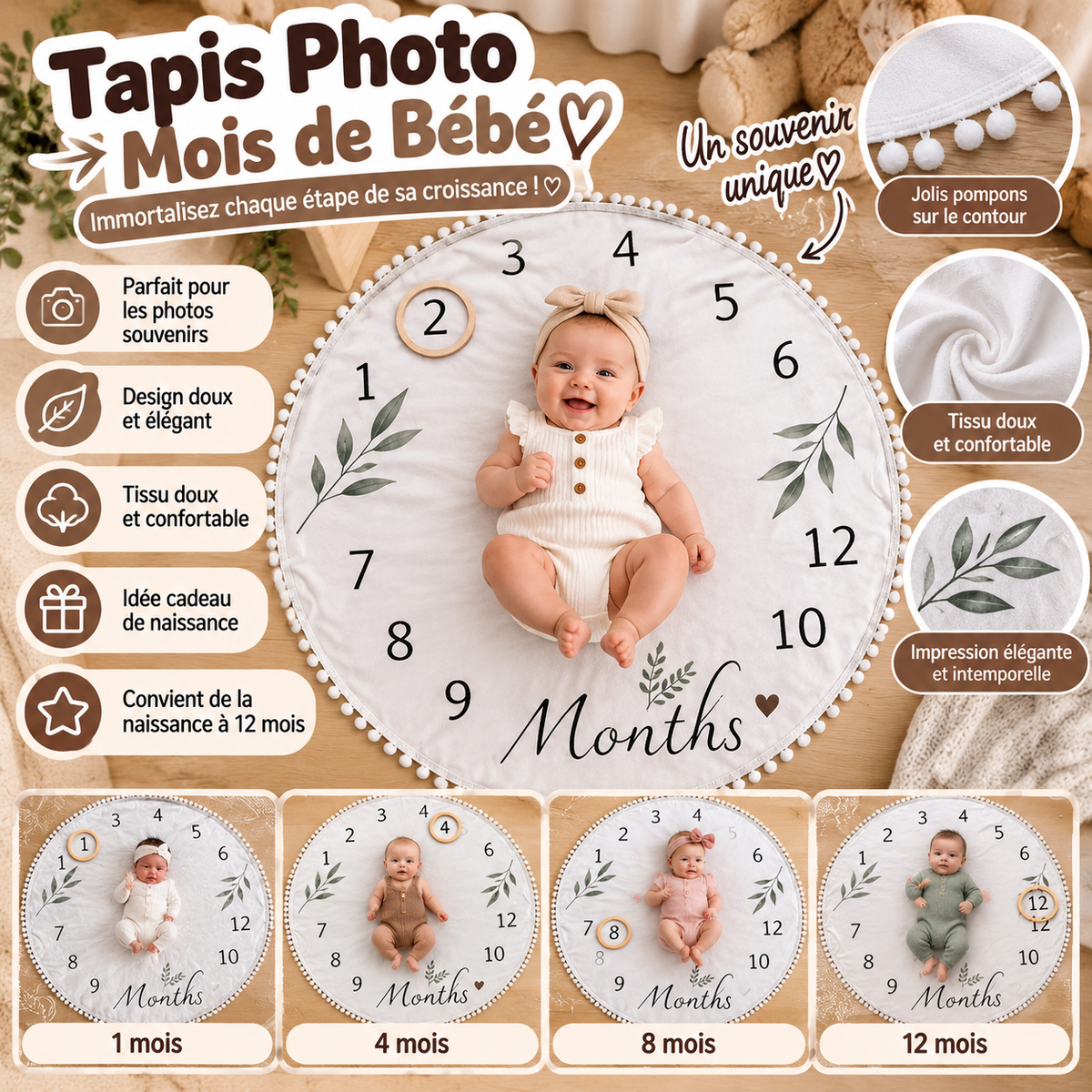 Immortalisez chaque mois de la première année de bébé avec ce joli tapis photo. 🤍✨
