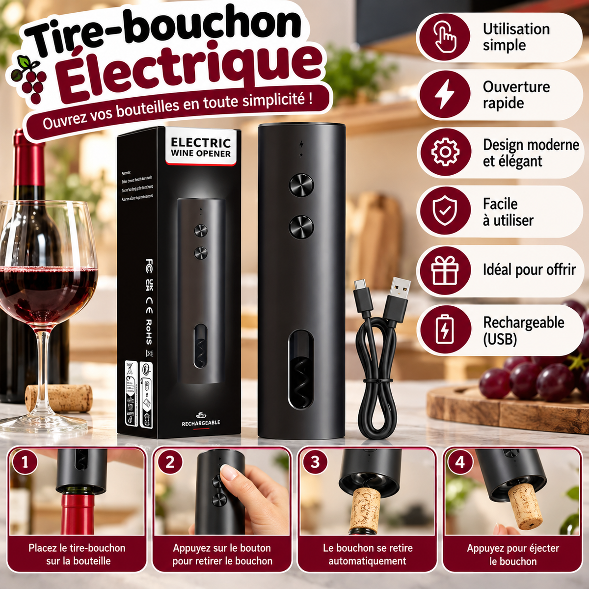 Tire-bouchon électrique rechargeable USB