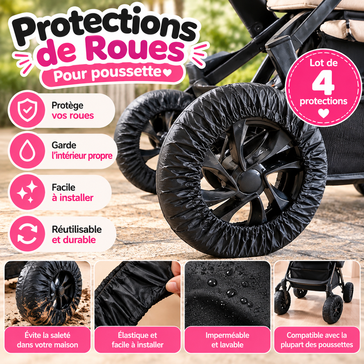 Lot de 4 protections de roues pour poussette