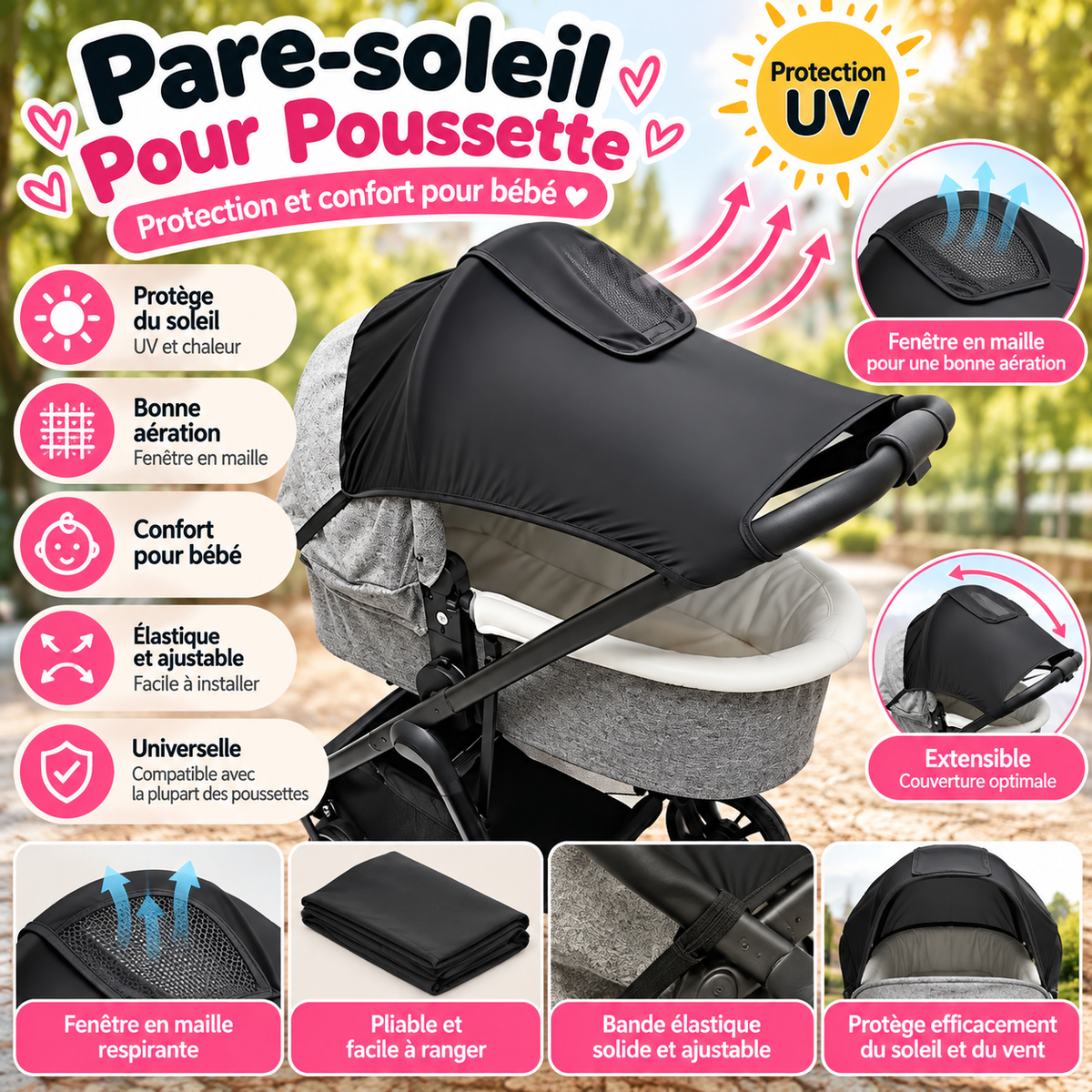 Pare-soleil extensible pour poussette – Noir