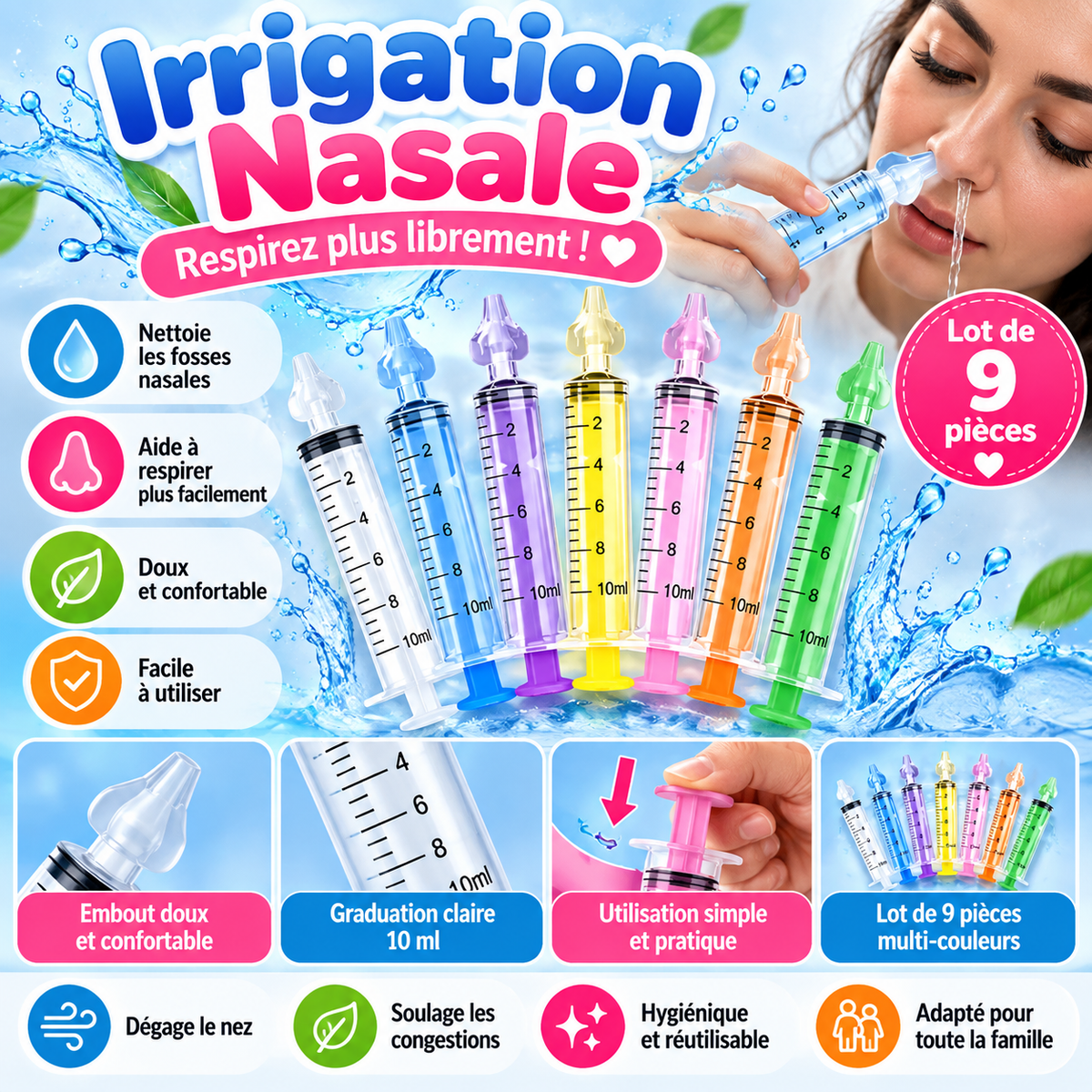Kit d’Irrigation Nasale – Lot de 9 Seringues 10 ml