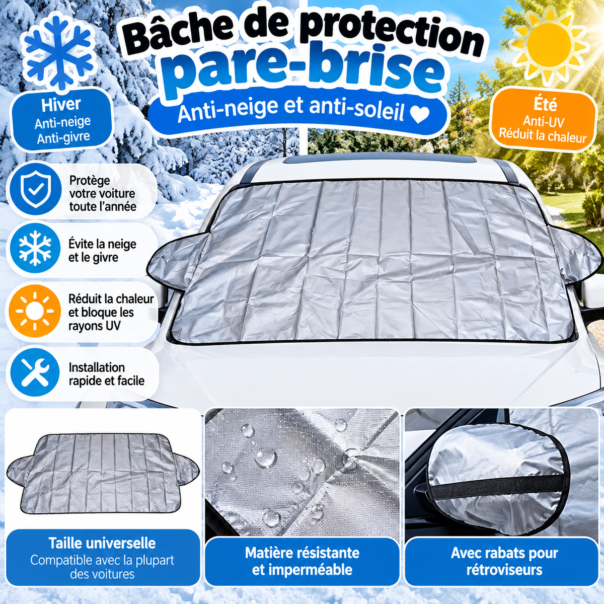 Bâche Pare-Brise Voiture 2-en-1 – Anti-Neige & Anti-Soleil