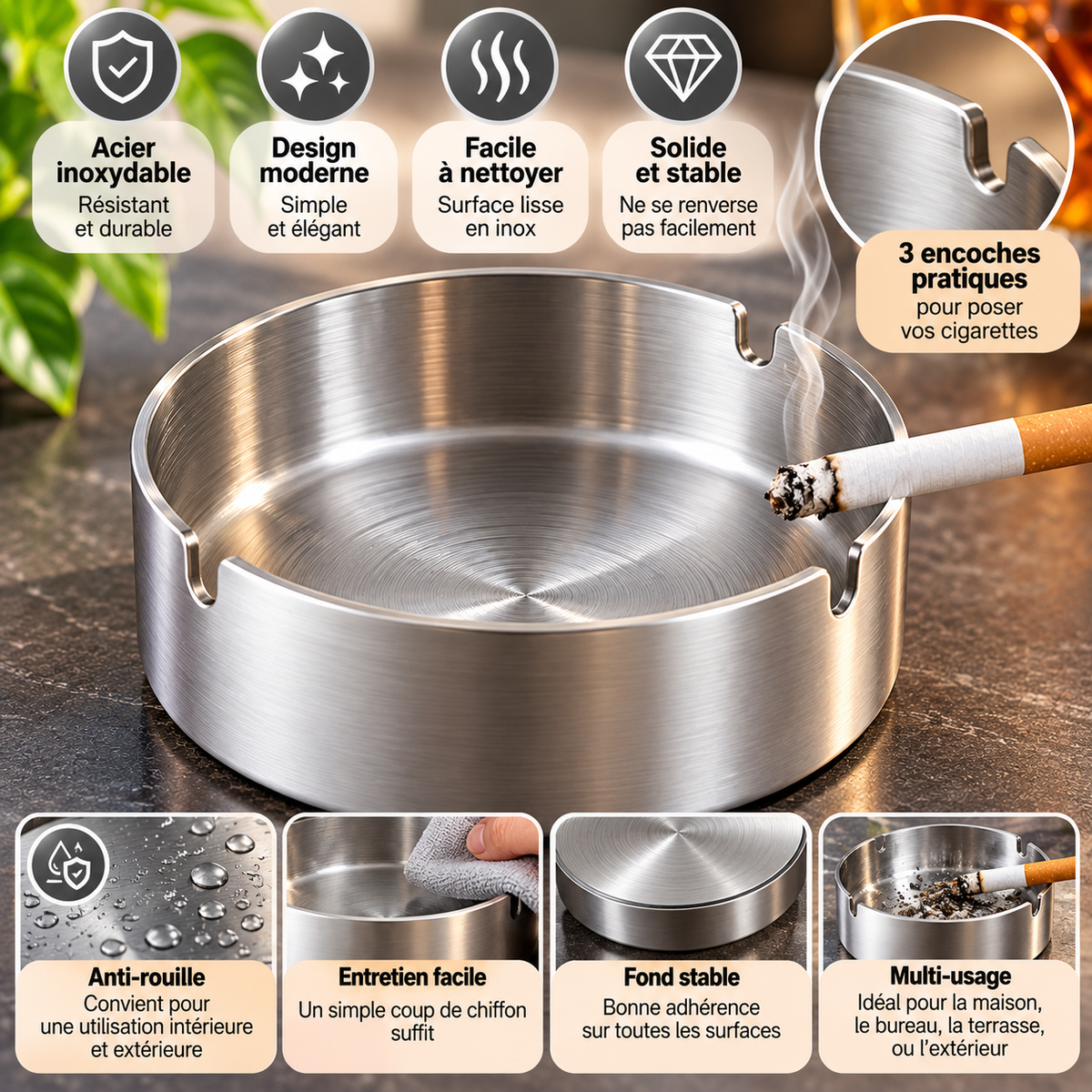 Cendrier en acier inoxydable – Design moderne