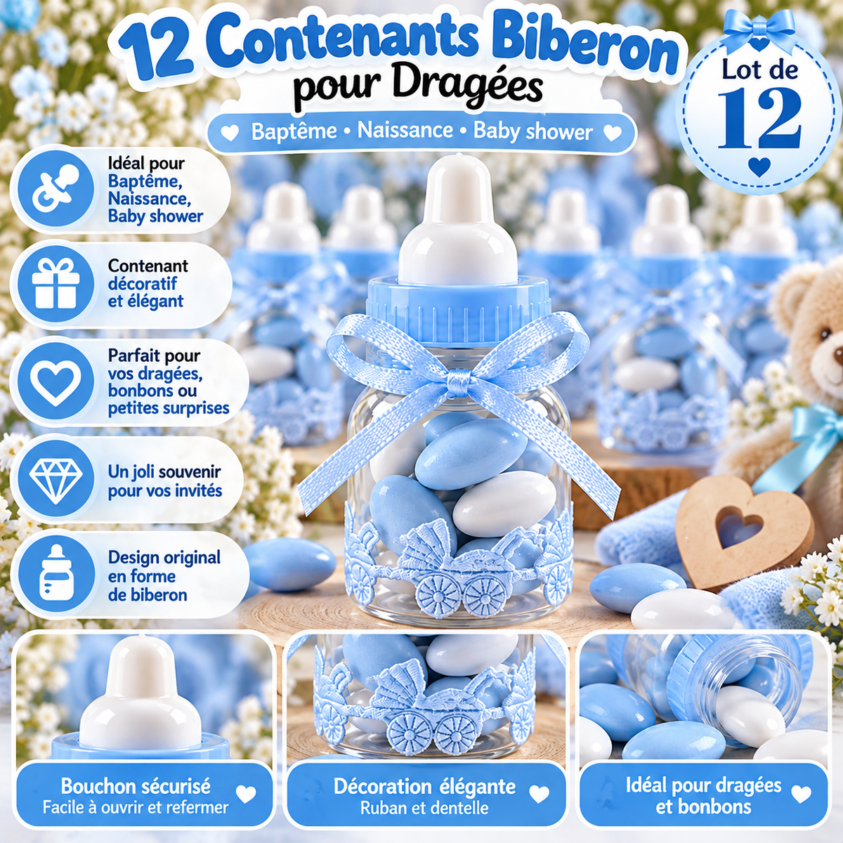 12 Contenants Biberon pour Dragées – Décoration Baptême & Naissance 🎀