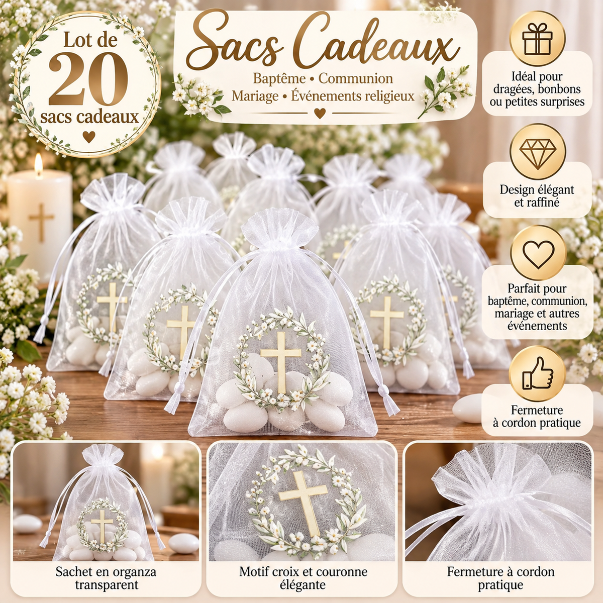 20 Sacs Cadeaux pour Dragées – Baptême & Communion 🤍✨
