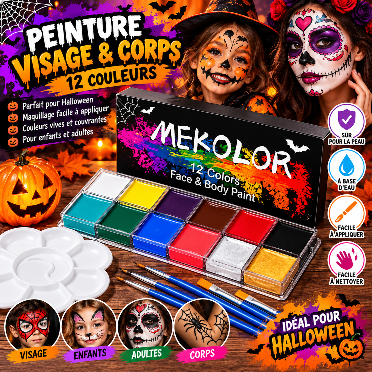 Kit de Peinture Visage & Corps Halloween – 12 Couleurs