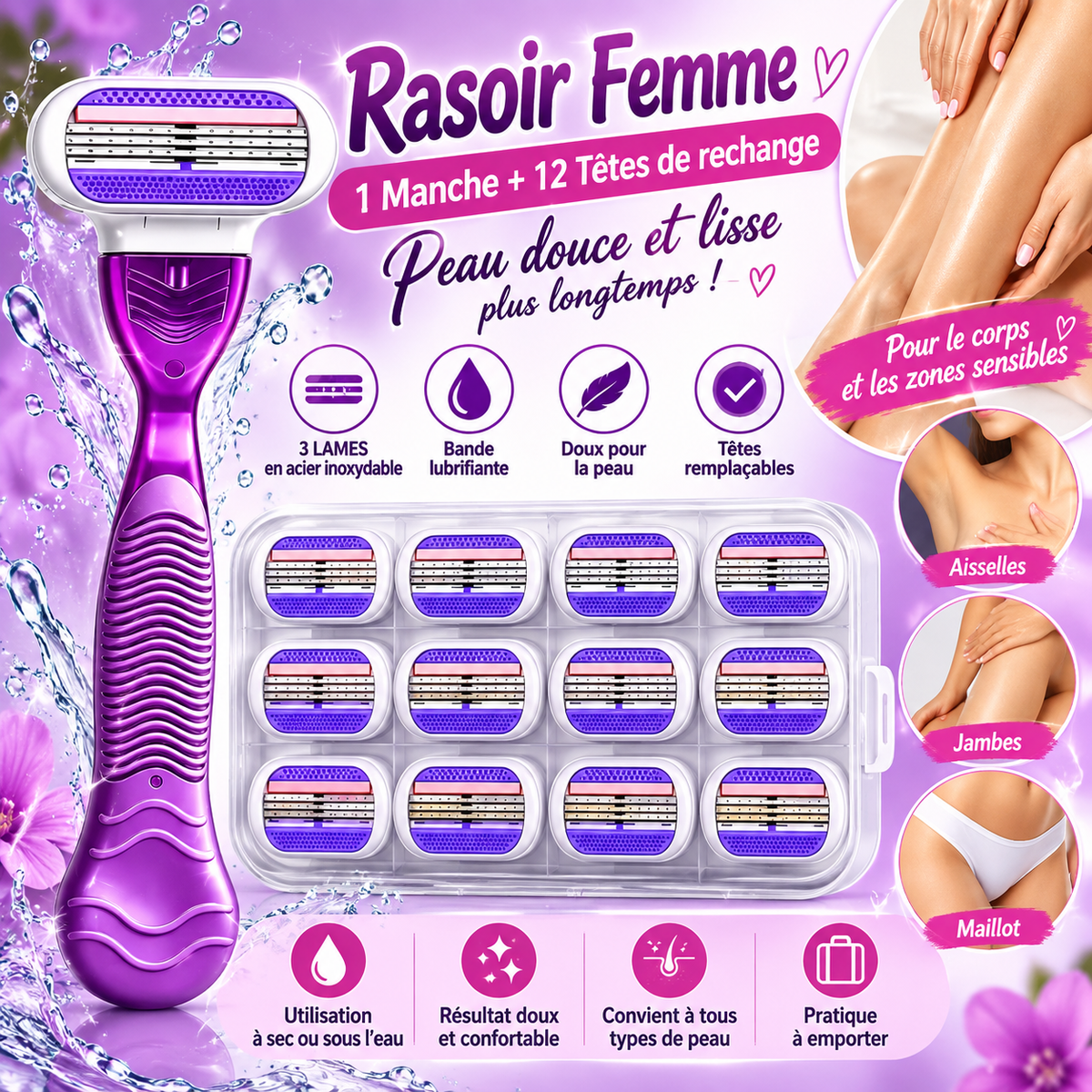 Rasoir Femme Violet – 1 Manche + 12 Têtes de Rechange