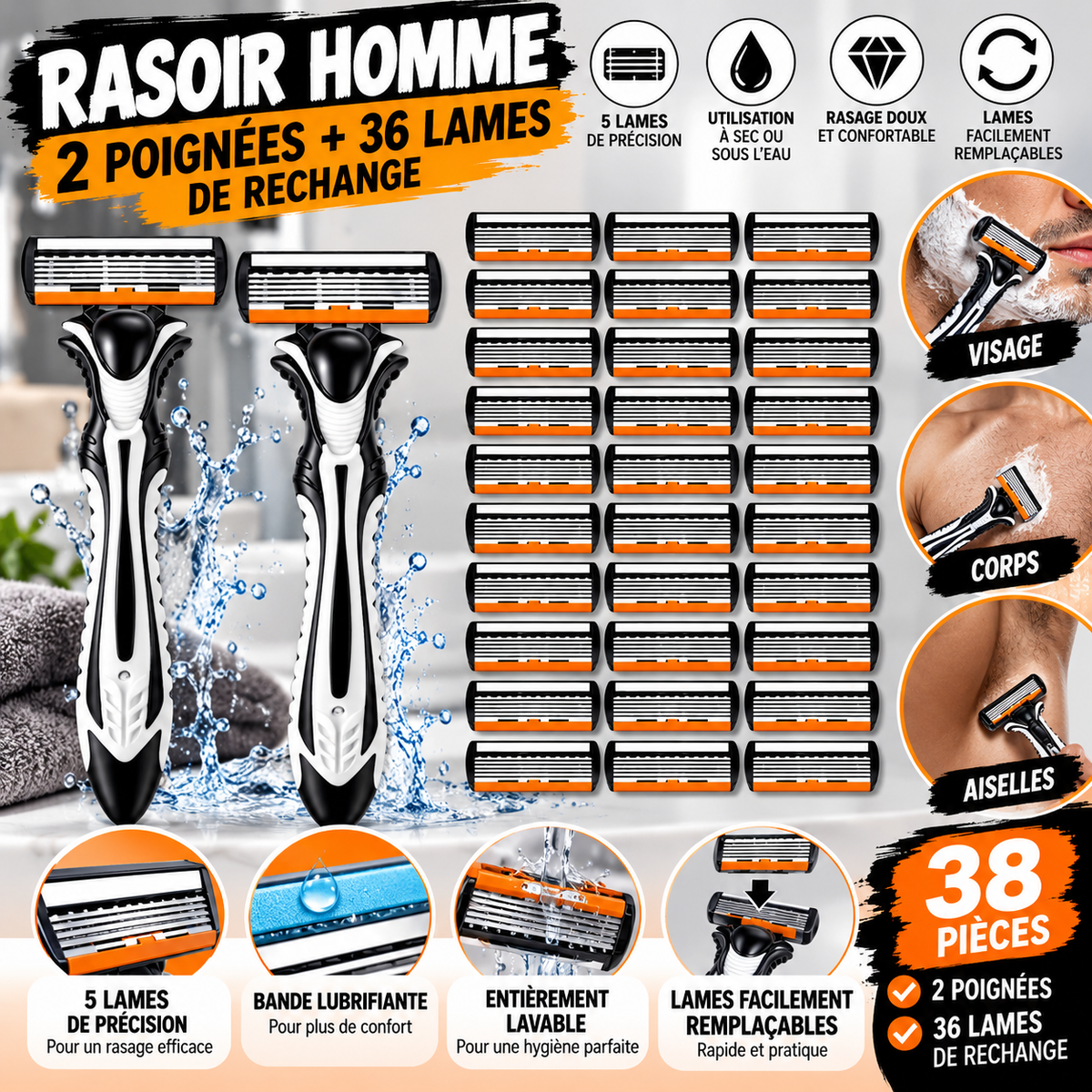 Rasoir Homme – 2 Manches + 36 Lames de Rechange