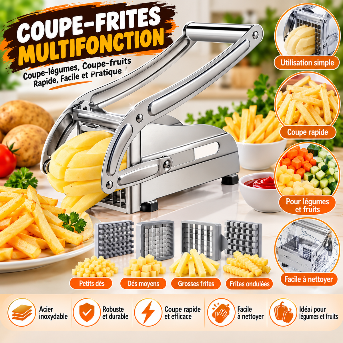 Coupe-Frites Multifonction en Acier Inoxydable – Coupe-Légumes