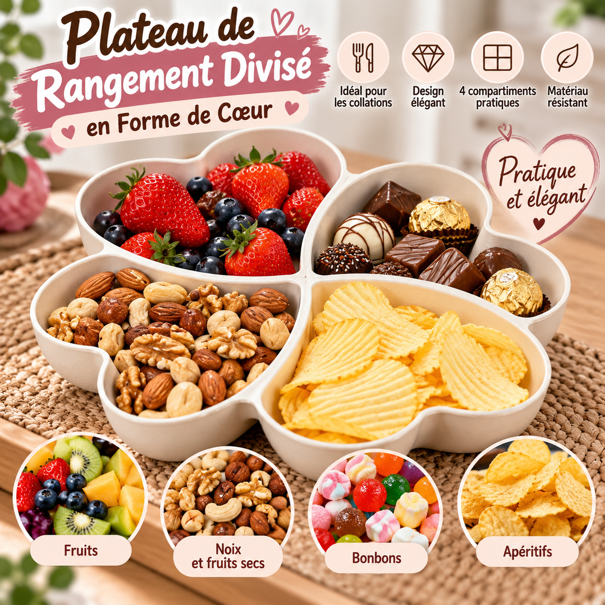 Plateau de Rangement Divisé en Forme de Cœur – 4 Compartiments
