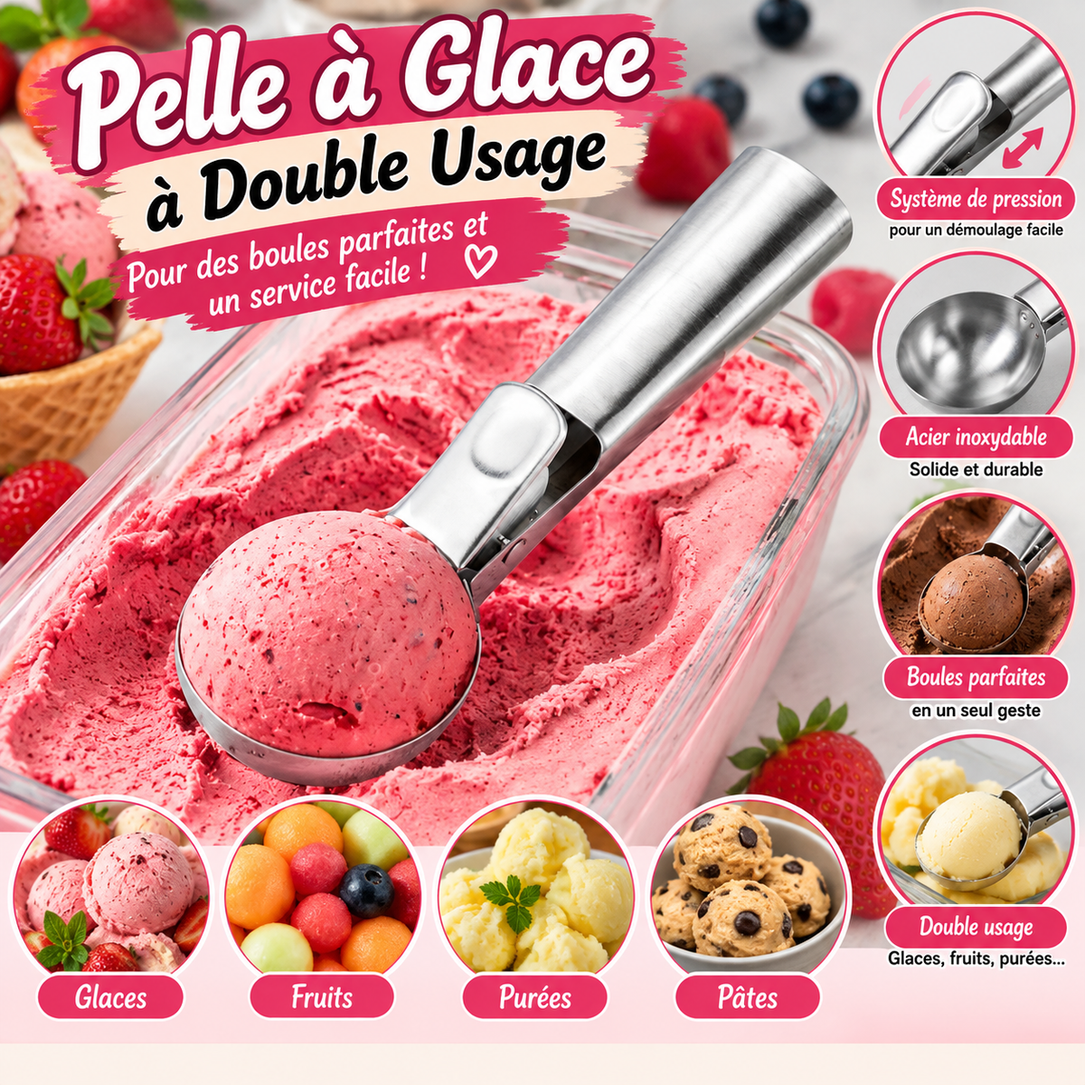 Pelle à Glace en Acier Inoxydable – Système de Pression