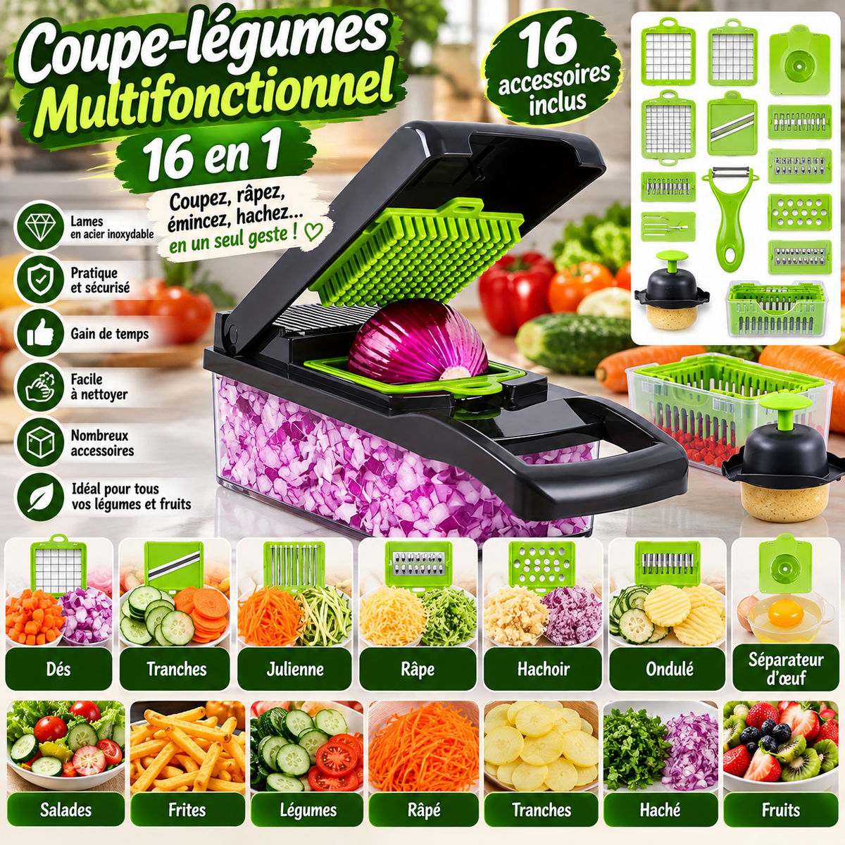 Coupe-Légumes Multifonction 16 en 1 – 16 Accessoires