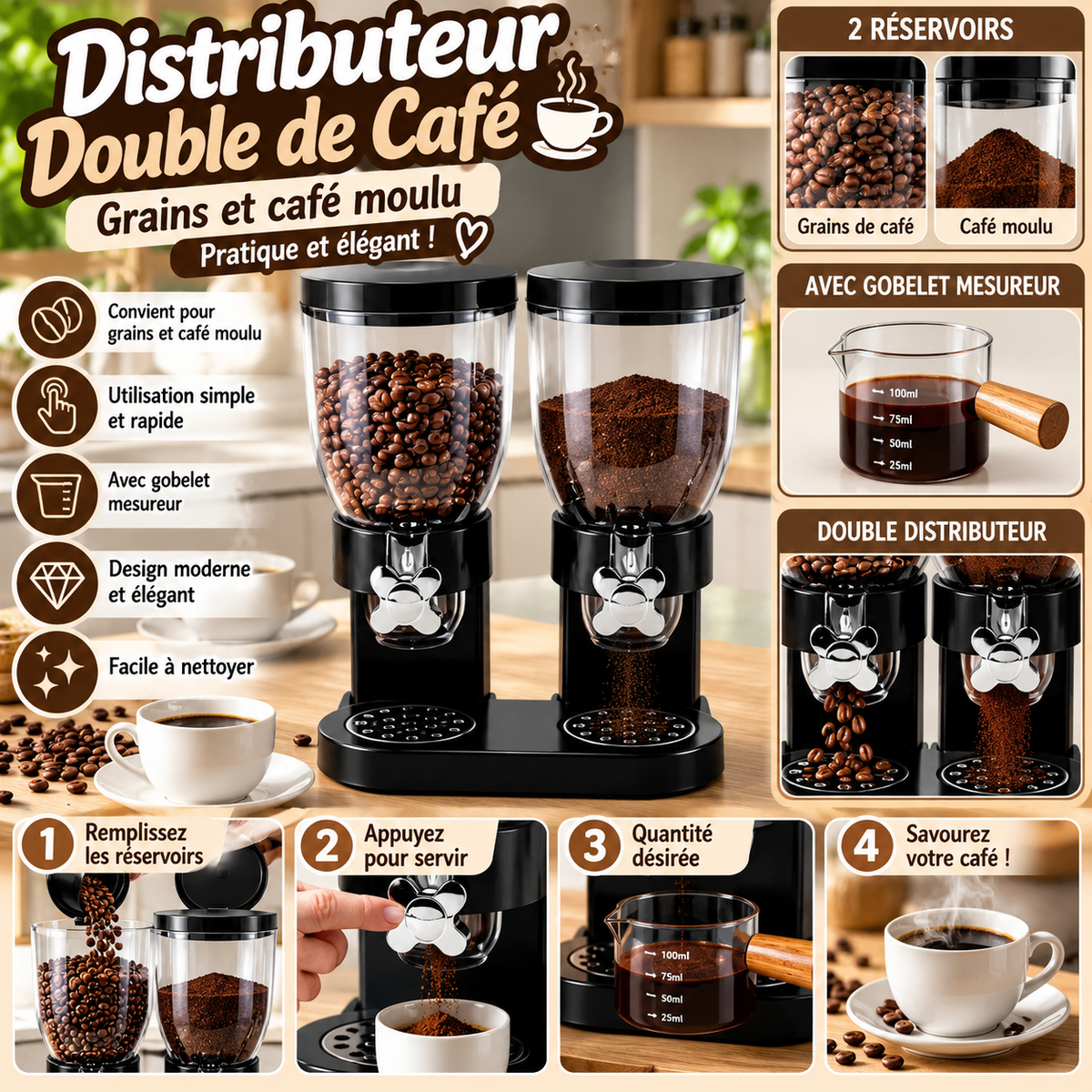 Distributeur Double de Café – 2 Réservoirs Grains & Café Moulu