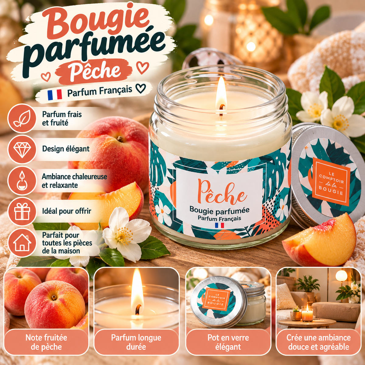 Bougie Parfumée à la Pêche – Parfum Français – 65 g