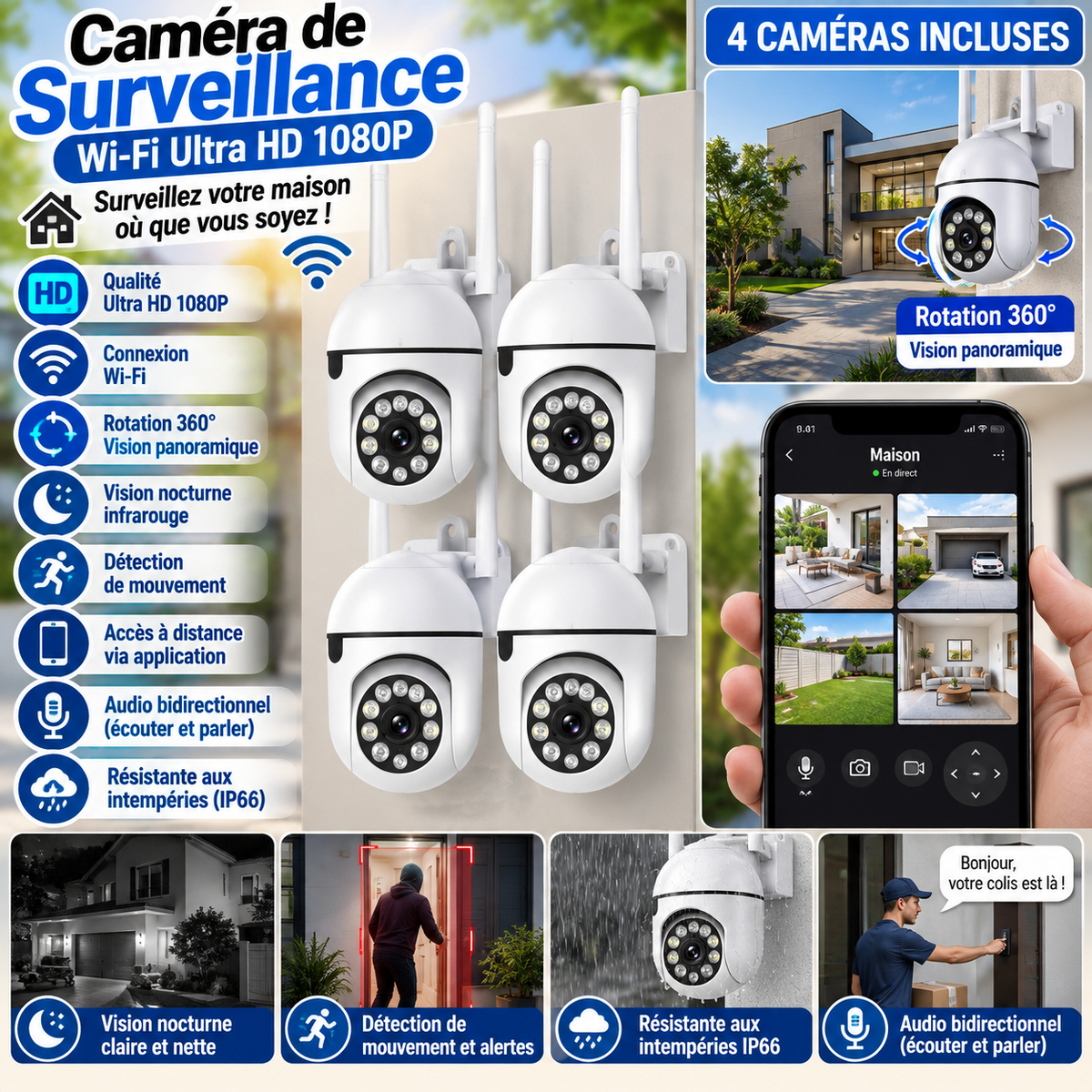 Kit de 4 Caméras de Surveillance Wi-Fi – Full HD 1080P 360°
