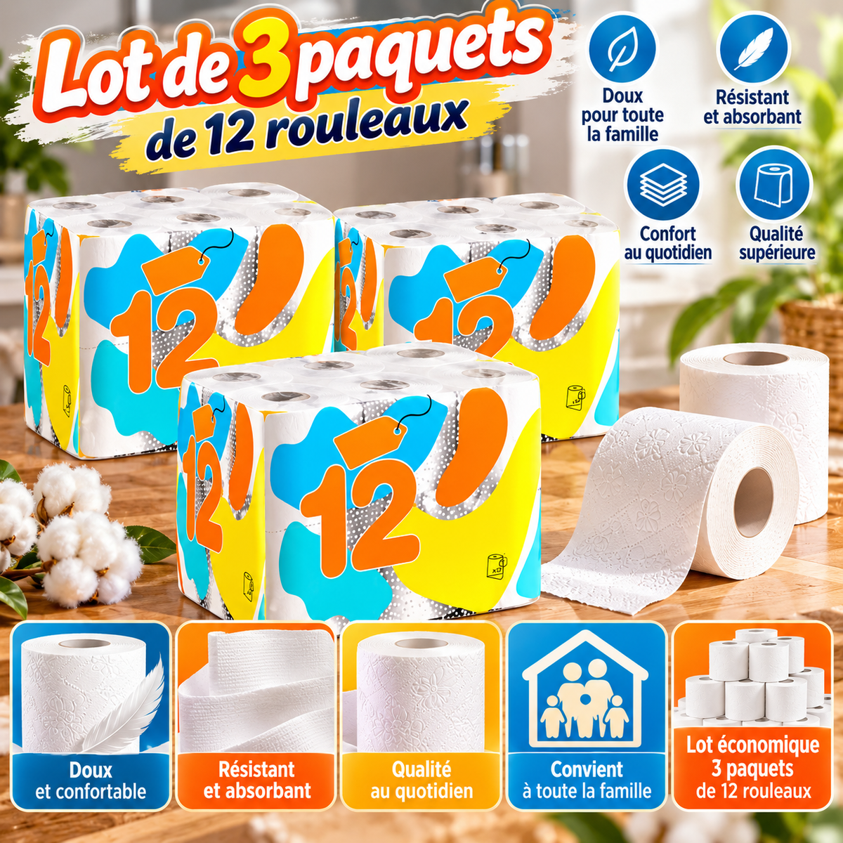 Lot de 3 Packs de Papier Toilette – 36 Rouleaux