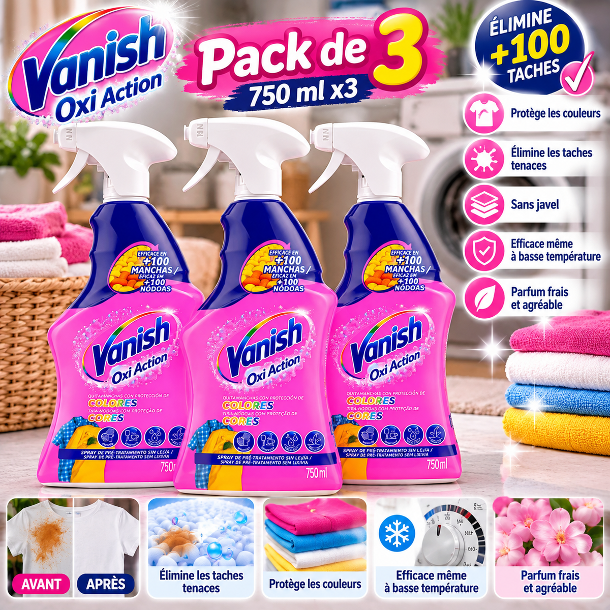 Vanish Oxi Action – Pack de 3 Sprays Détachants 750 ml