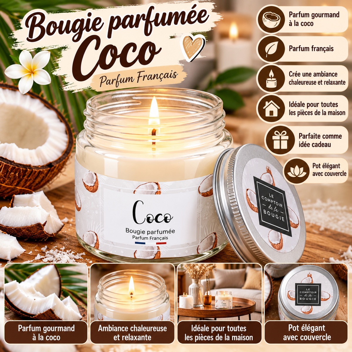 Bougie Parfumée Coco – Parfum Français – 65 g