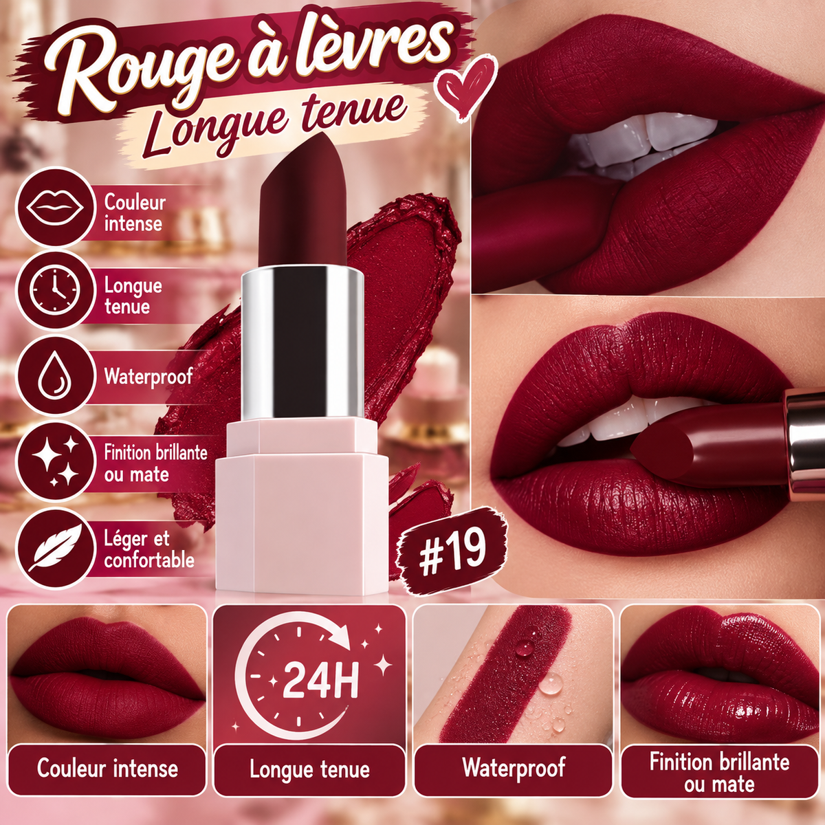 Rouge à Lèvres Longue Tenue Waterproof – Teinte Bordeaux #19