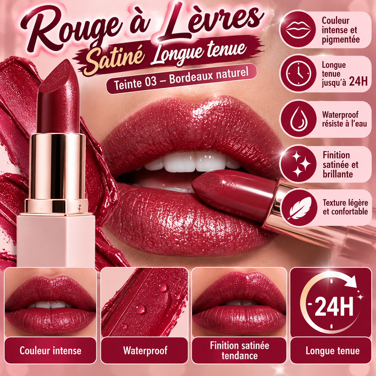 Rouge à Lèvres Satiné Longue Tenue – Teinte 03 Bordeaux Naturel