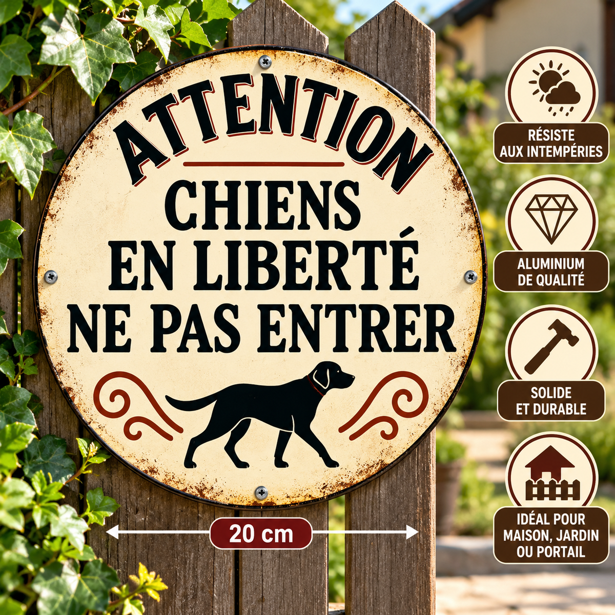 Plaque Décorative « Attention Chiens en Liberté – Ne Pas Entrer » – 20 × 20 cm