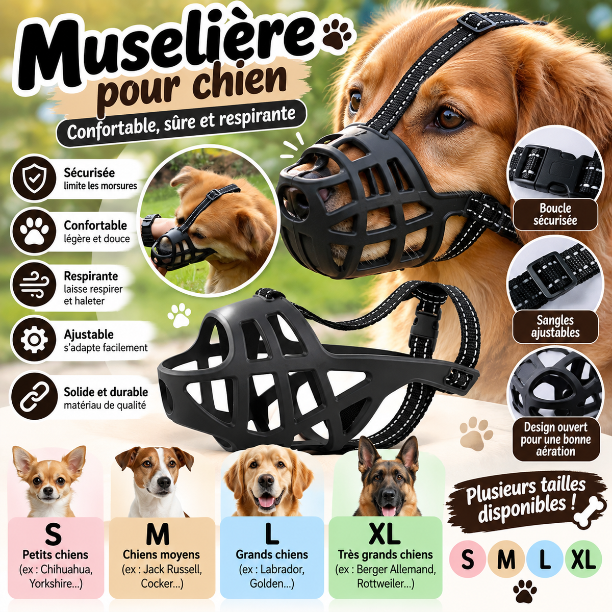 Muselière pour Chien Réglable – Confortable et Respirante – Tailles S à XL