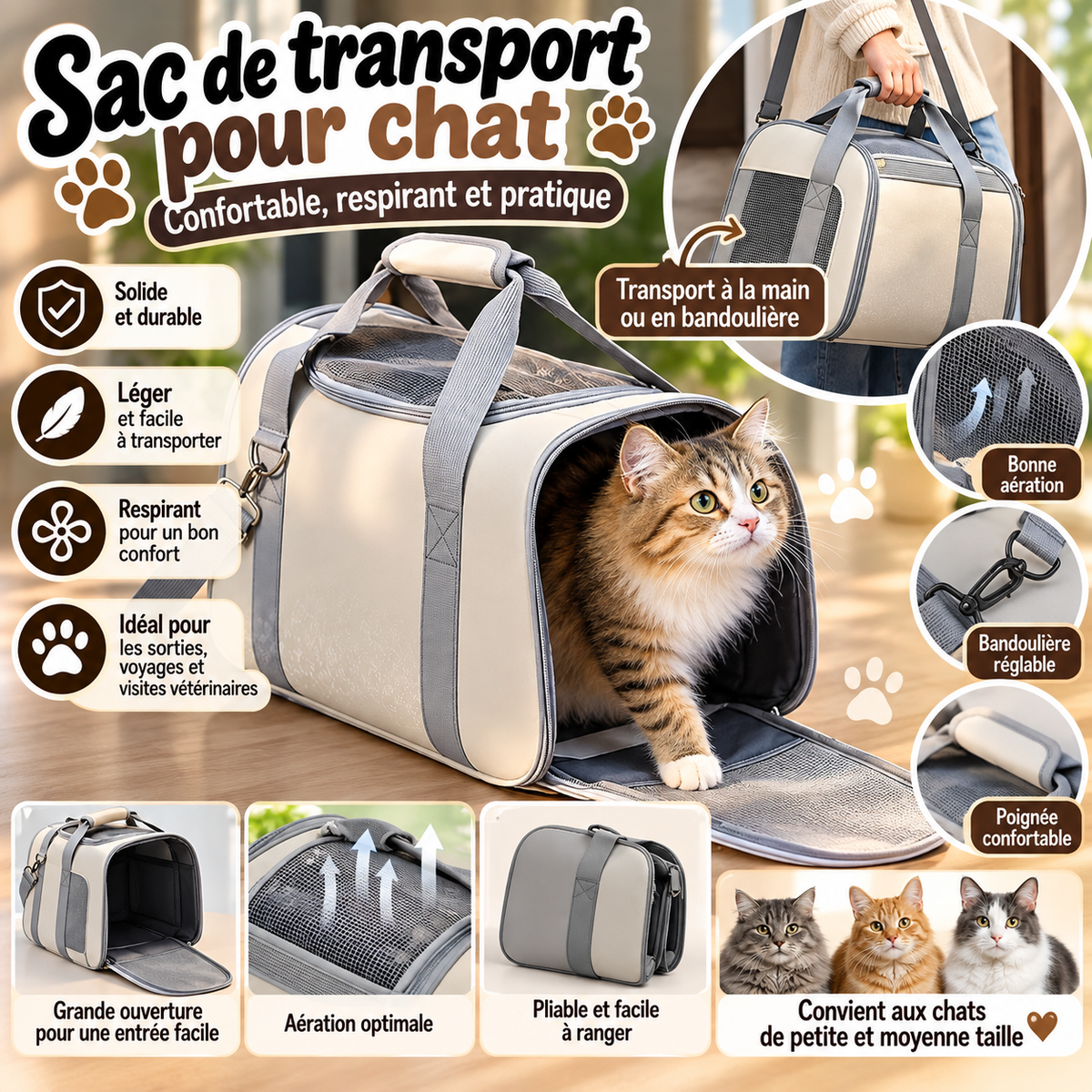 Sac de transport pliable pour chat – Confortable et respirant