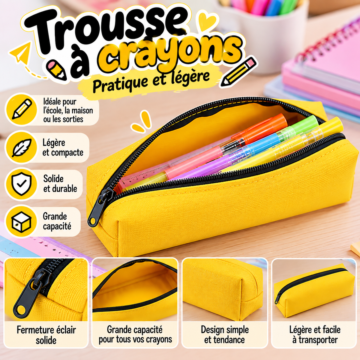 Trousse à crayons jaune – Pratique, légère et compacte