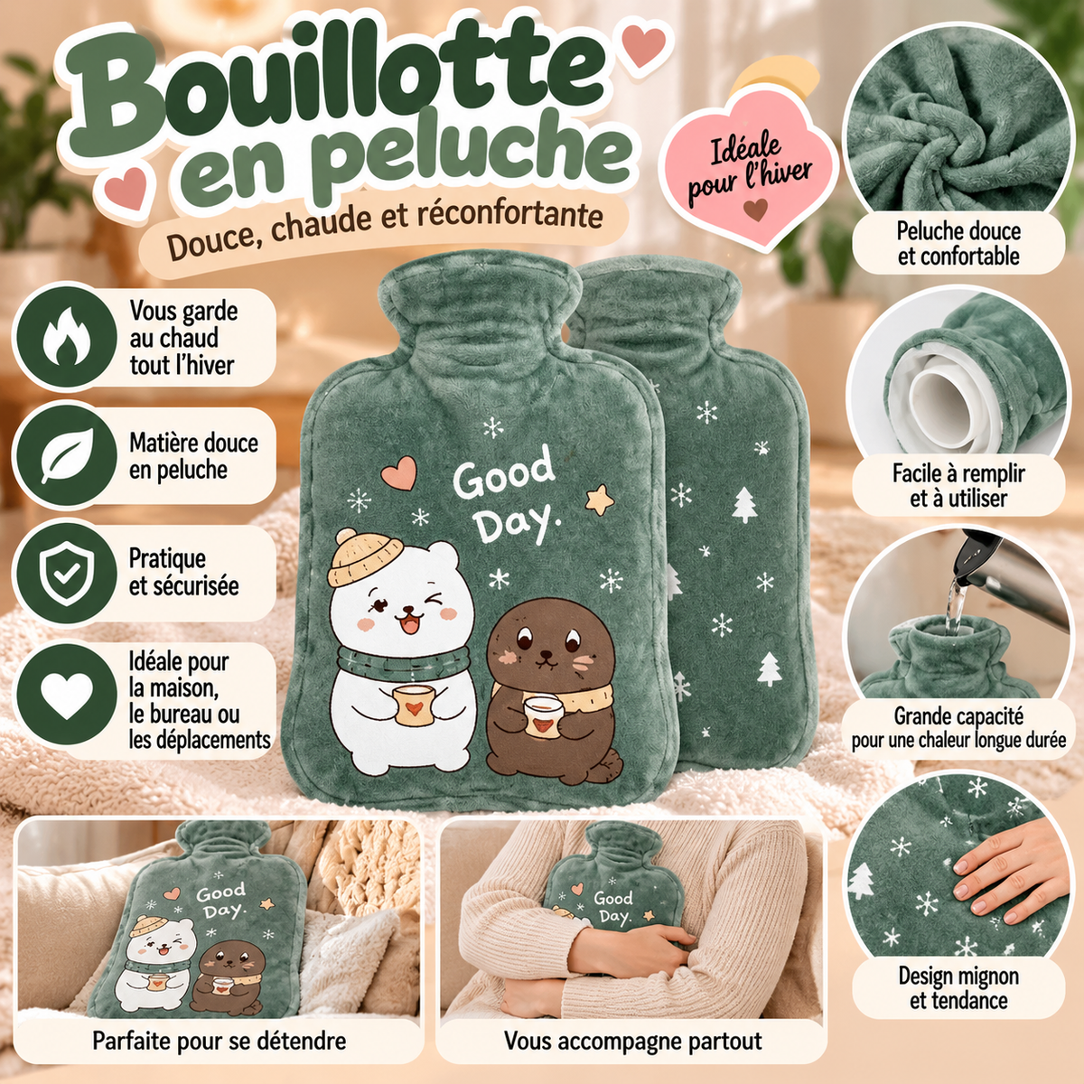 Bouillotte en peluche douce – Motif mignon
