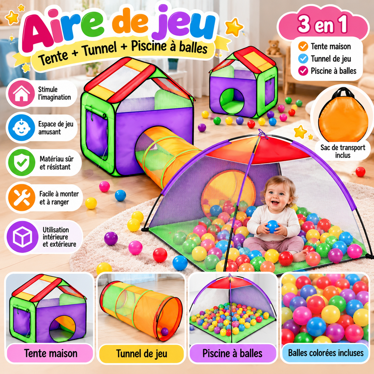 Aire de jeux 3-en-1 pour enfants – Tente, tunnel et piscine à balles