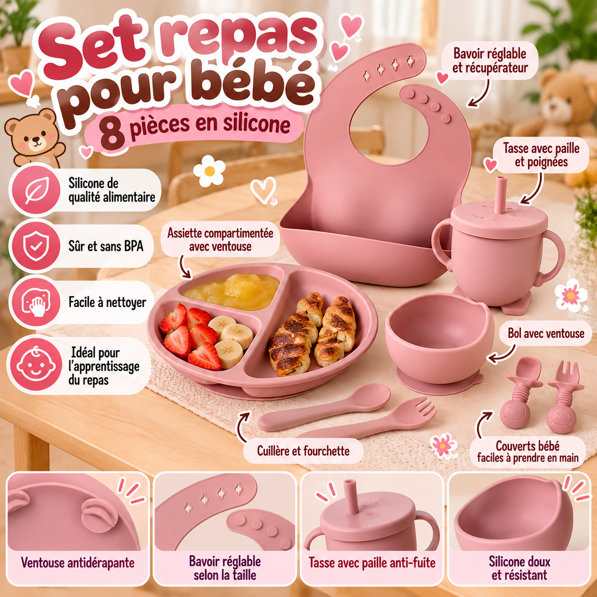 Set repas bébé en silicone – 8 pièces