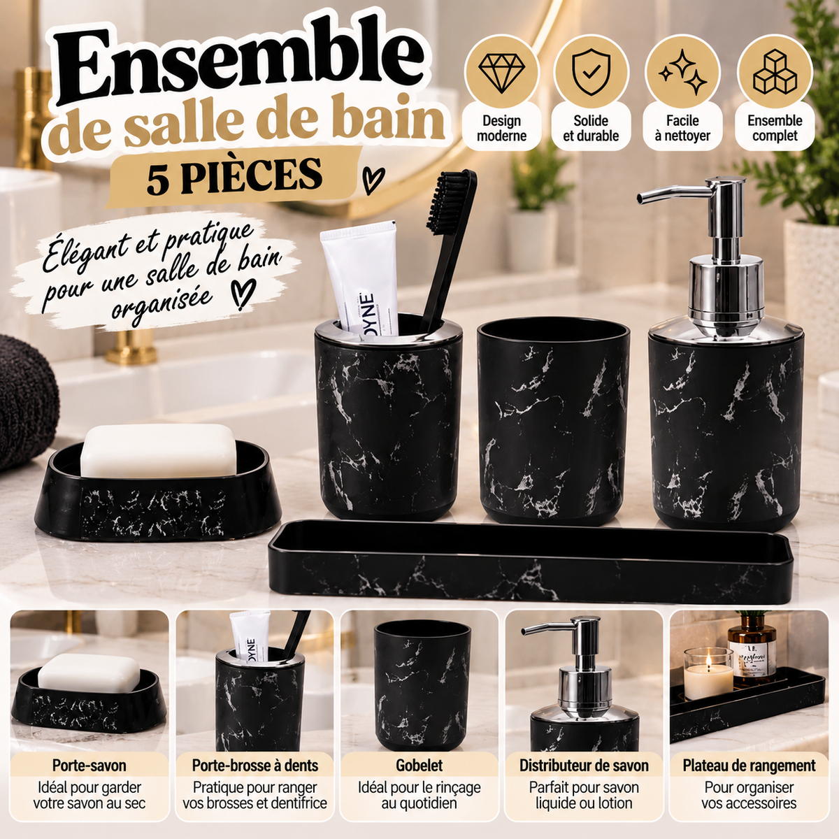 Ensemble salle de bain effet marbre – 5 pièces