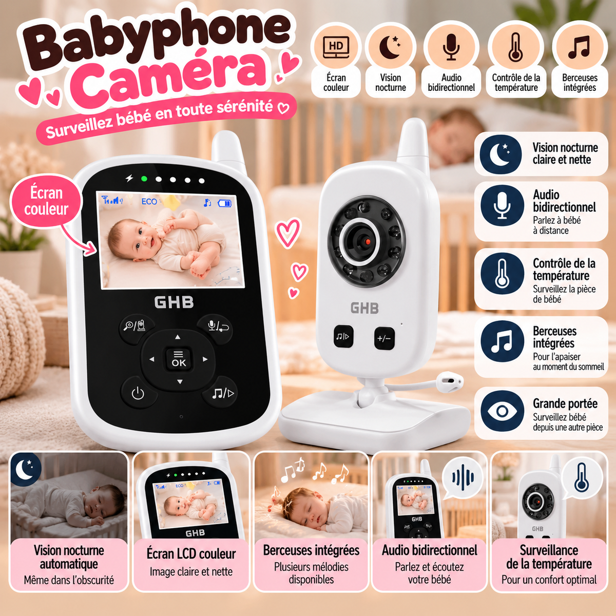 Babyphone caméra avec écran couleur – Vision nocturne et audio bidirectionnel