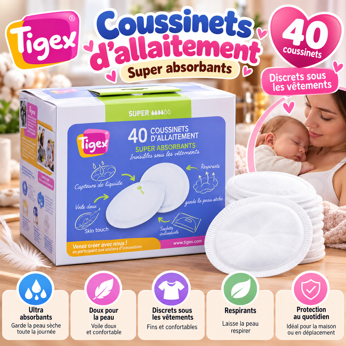 Tigex – 40 coussinets d’allaitement super absorbants