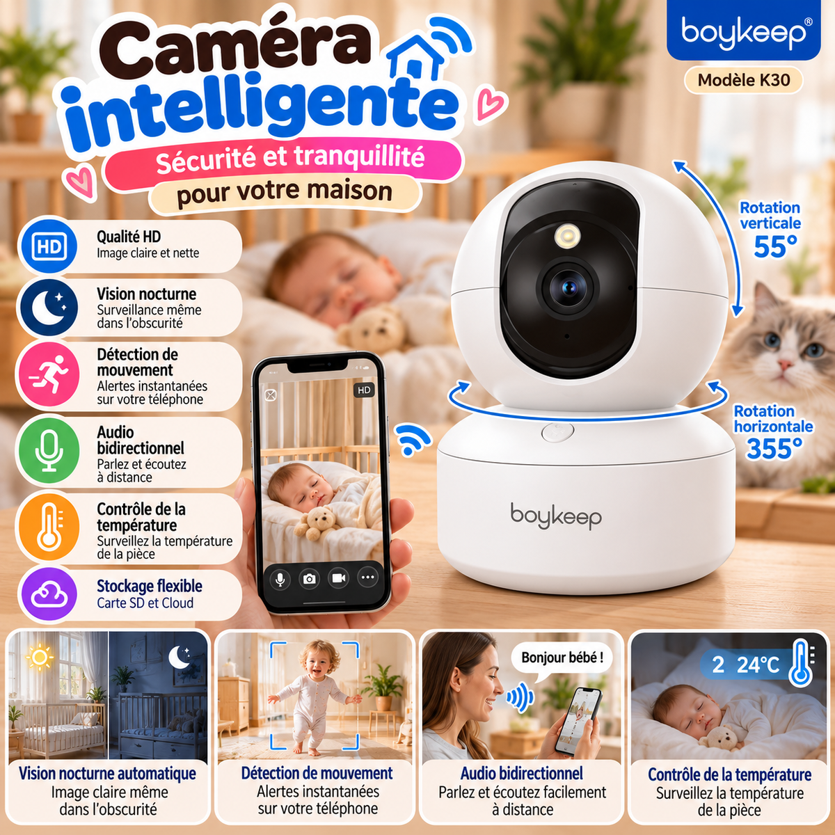 Caméra de surveillance intérieure intelligente K30 – Vision nocturne HD