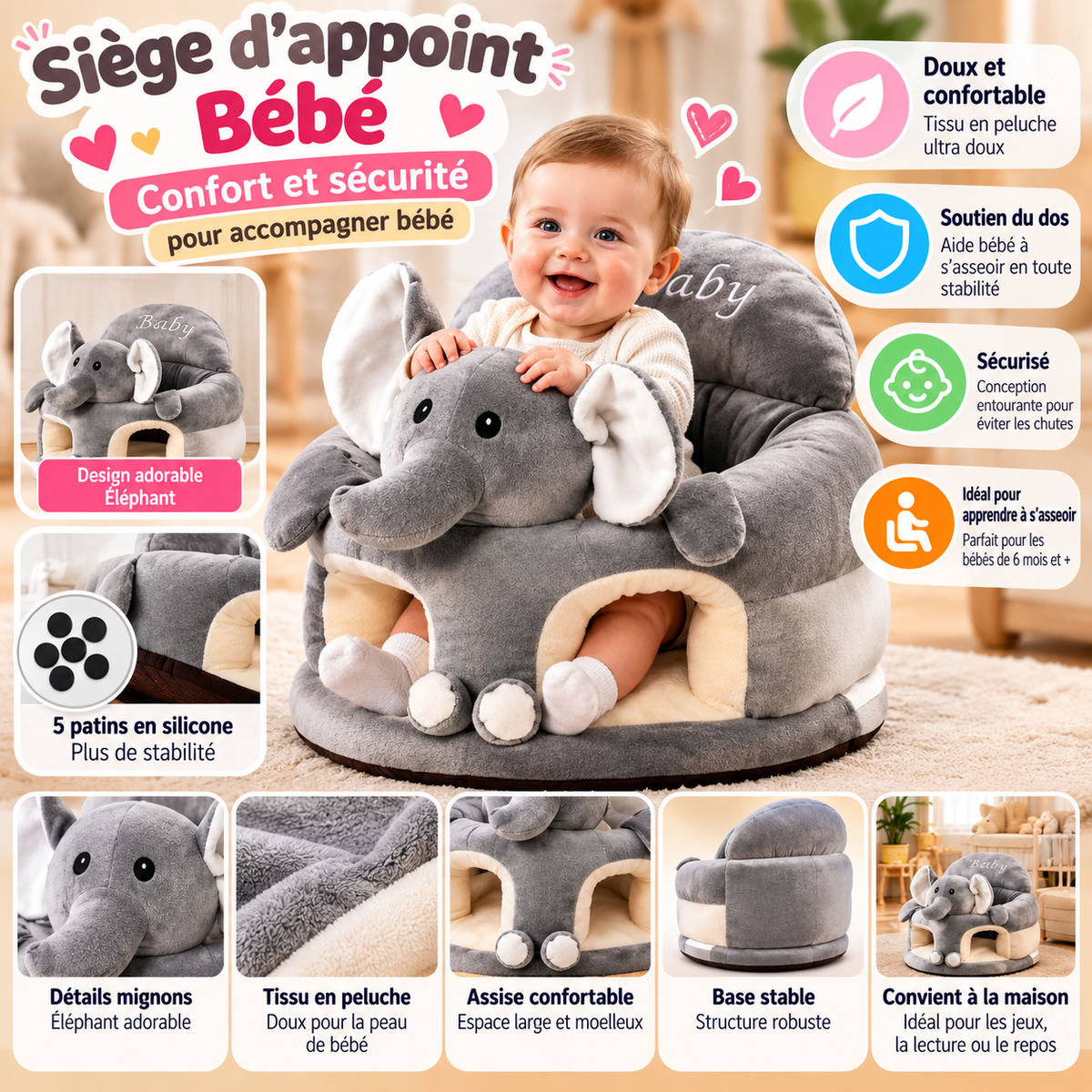 Siège d’appoint bébé éléphant – Confortable et moelleux