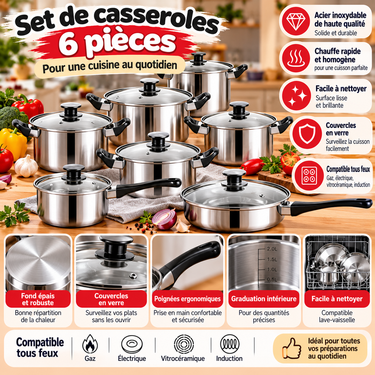 Set de casseroles 6 pièces en acier inoxydable – Tous feux