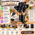 Set de 12 ustensiles de cuisine en silicone et bois – Avec pot de rangement