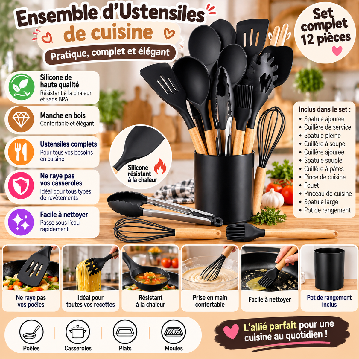 Set de 12 ustensiles de cuisine en silicone et bois – Avec pot de rangement