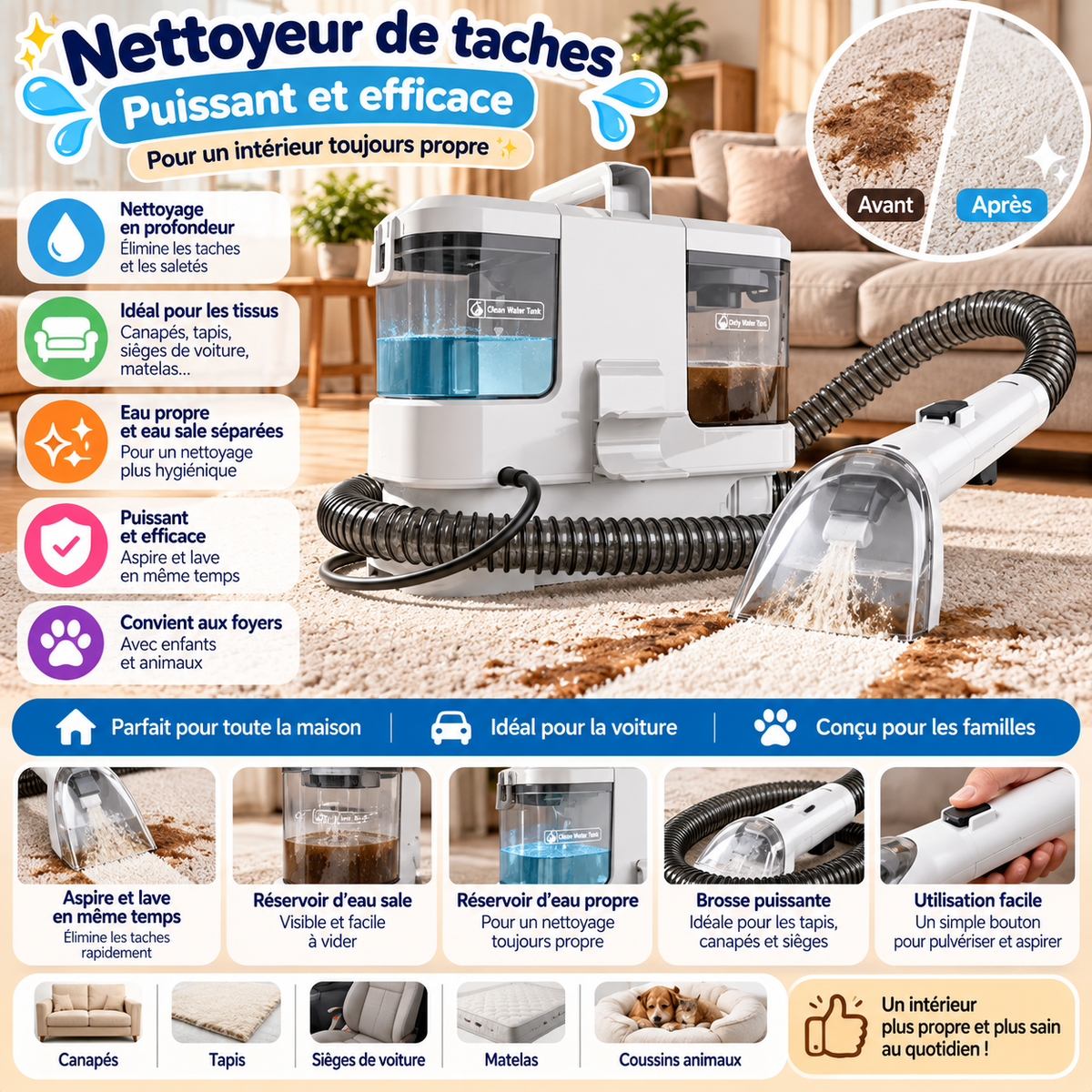 Nettoyeur de taches textile – Aspirateur laveur pour tapis, canapé et voiture
