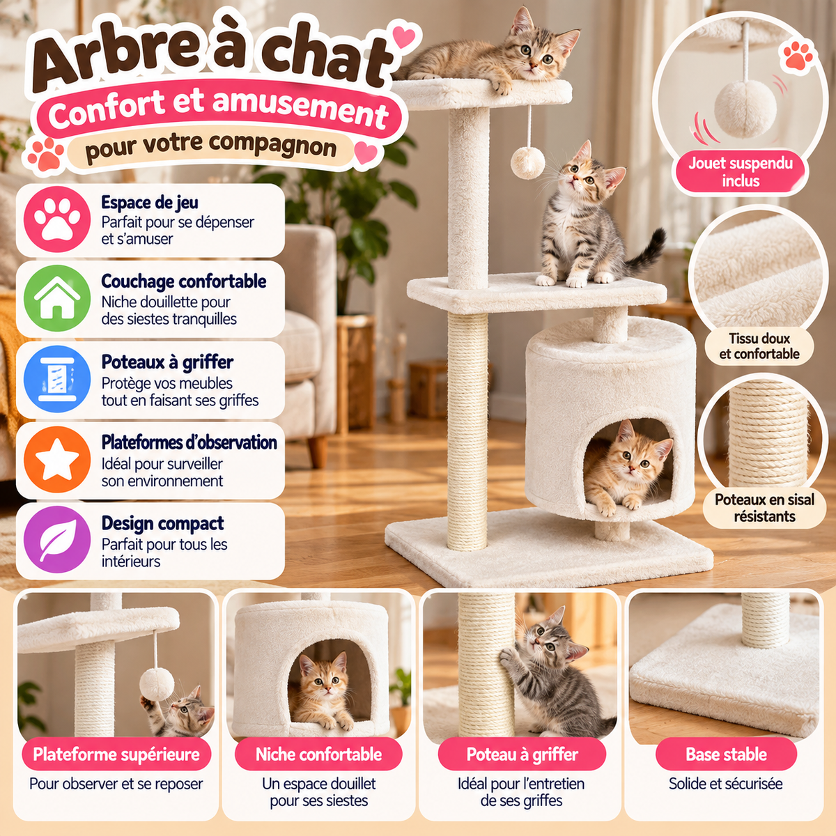 Arbre à chat en tissu doux avec niche – Griffoir et plateformes