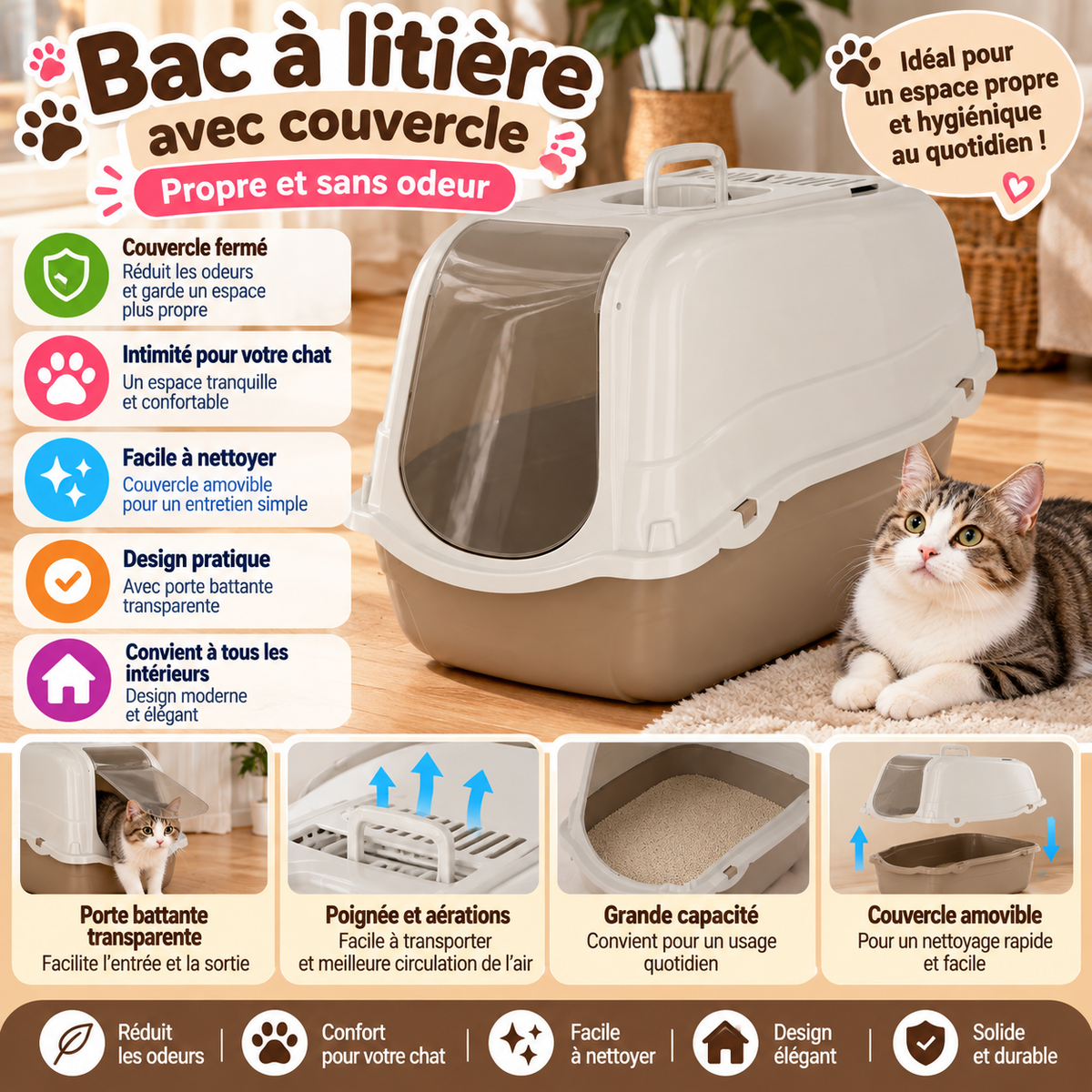 Bac à litière fermé pour chat – Anti-odeurs et facile à nettoyer