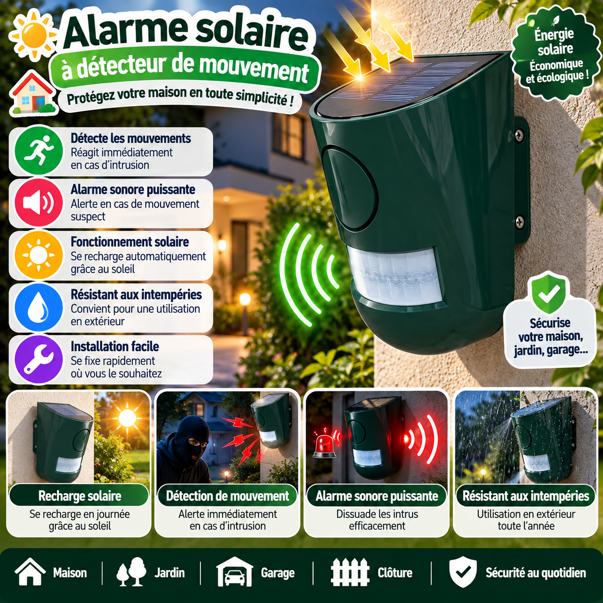 Alarme solaire extérieure à détecteur de mouvement – Sécurité maison & jardin