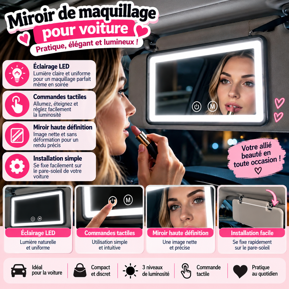Miroir de maquillage pour voiture avec éclairage LED – Tactile
